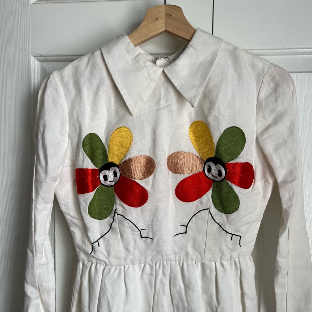 Hannah Kristina Metz Florence Dress Embroidered Happy Face flowers Retro Size 4 - Picture 3 of 12